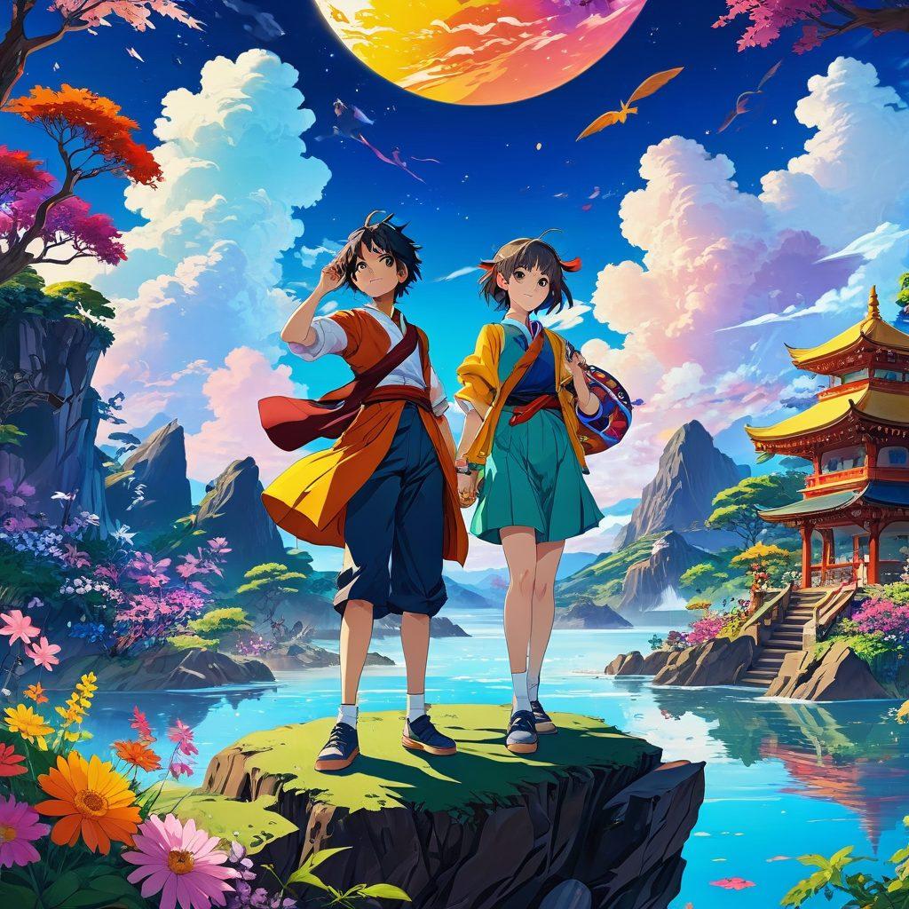 A vibrant collage depicting diverse characters inspired by anime art style, showcasing an array of emotions, from joy to intrigue. Include colorful, fantastical landscapes filled with whimsical elements that capture the essence of escapism. The characters should be engaged in various artistic expressions, reflecting the allure and diversity of the genre. Subtle hints of cultural elements to represent global reach. colorful, anime-inspired, dynamic composition, vibrant colors.